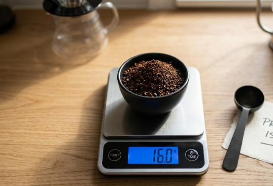 Kitchen scale weighing coffee beans for precise brew ratio