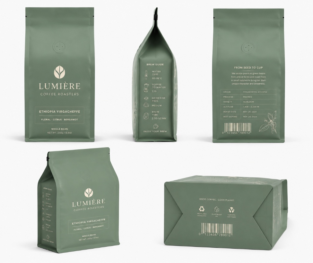 Multi-angle view showing front, side gusset, and flat bottom base printing of a custom green coffee bag