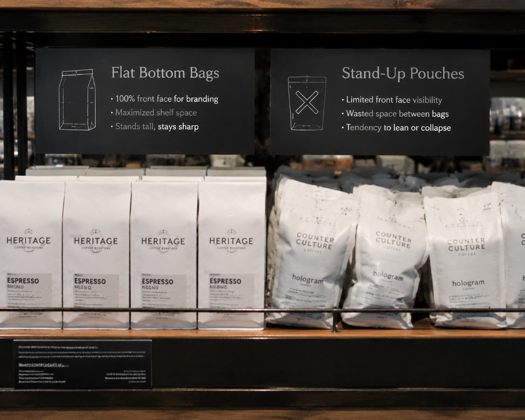 Shelf display comparison between stable flat bottom bags and traditional stand-up pouches