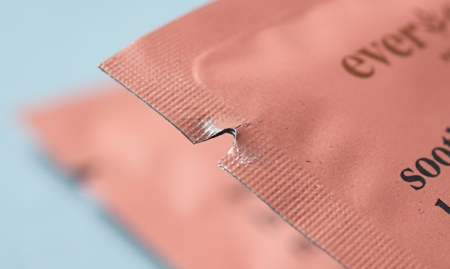 Tear notch packaging close-up on stand-up pouch