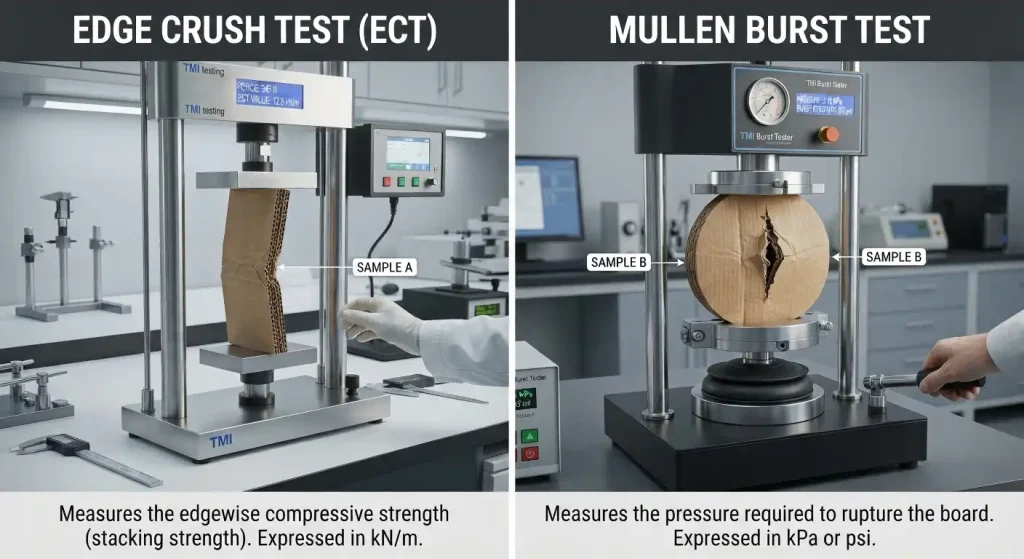 Edge Crush Test (ECT) and the Mullen Burst Test for corrugated cardboard