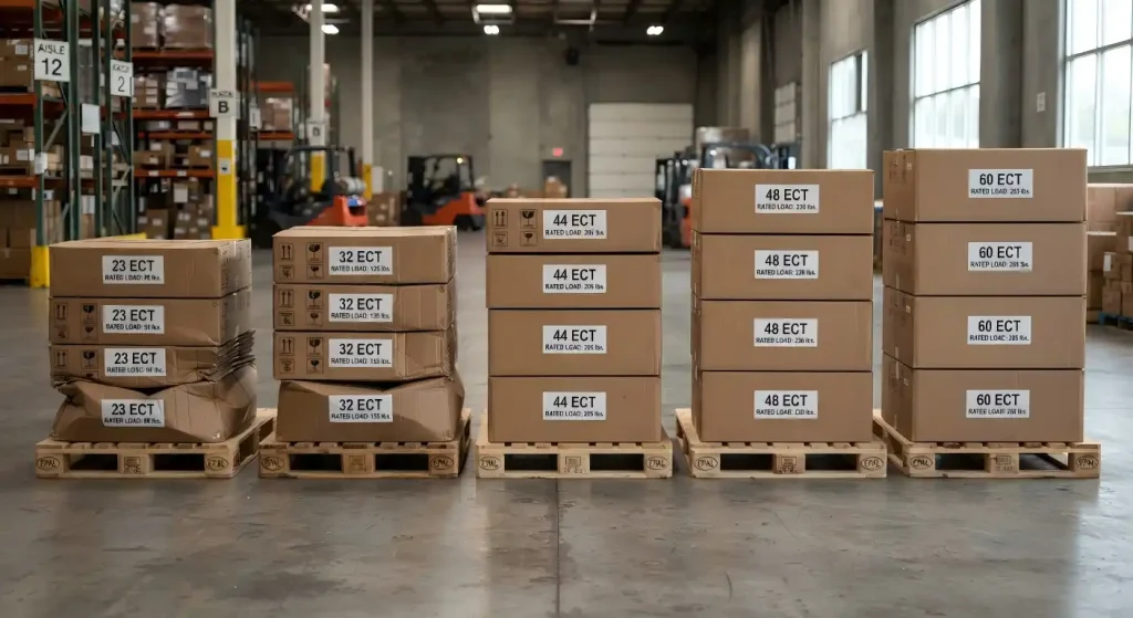 corrugated cardboard boxes labeled 23 ECT, 32 ECT, 44 ECT, 48 ECT, and 60 ECT